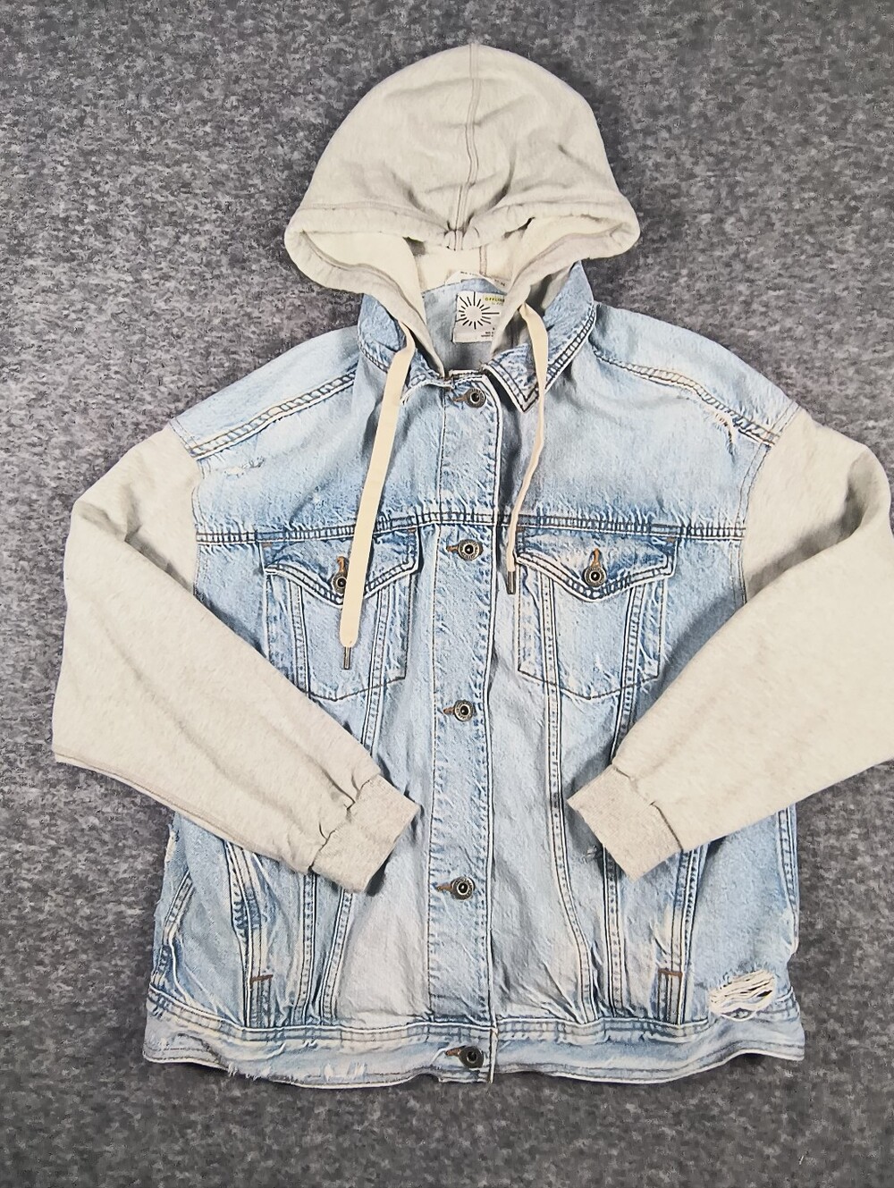 Aerie Offline distressed denim jacket with sweatshirt sleeves and hood, women's